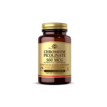 A bottle of Solgar Chromium Picolinate 500 mcg 60 Vegetable Capsules.